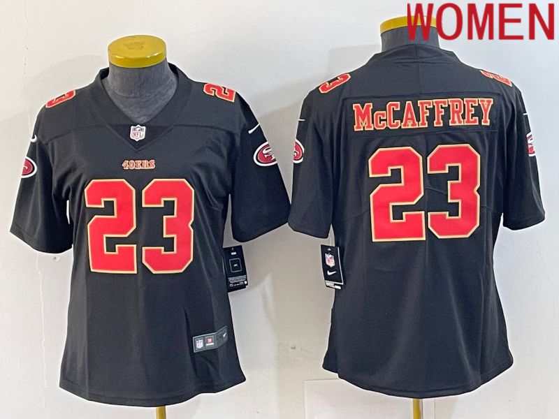 Women San Francisco 49ers 23 Mccaffrey Black gold 2024 Nike Vapor Limited NFL Jersey style 1